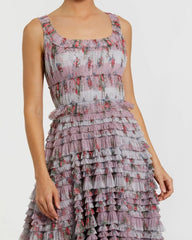 Purple Sleeveless Floral Midi Dress with Tiered Ruffles