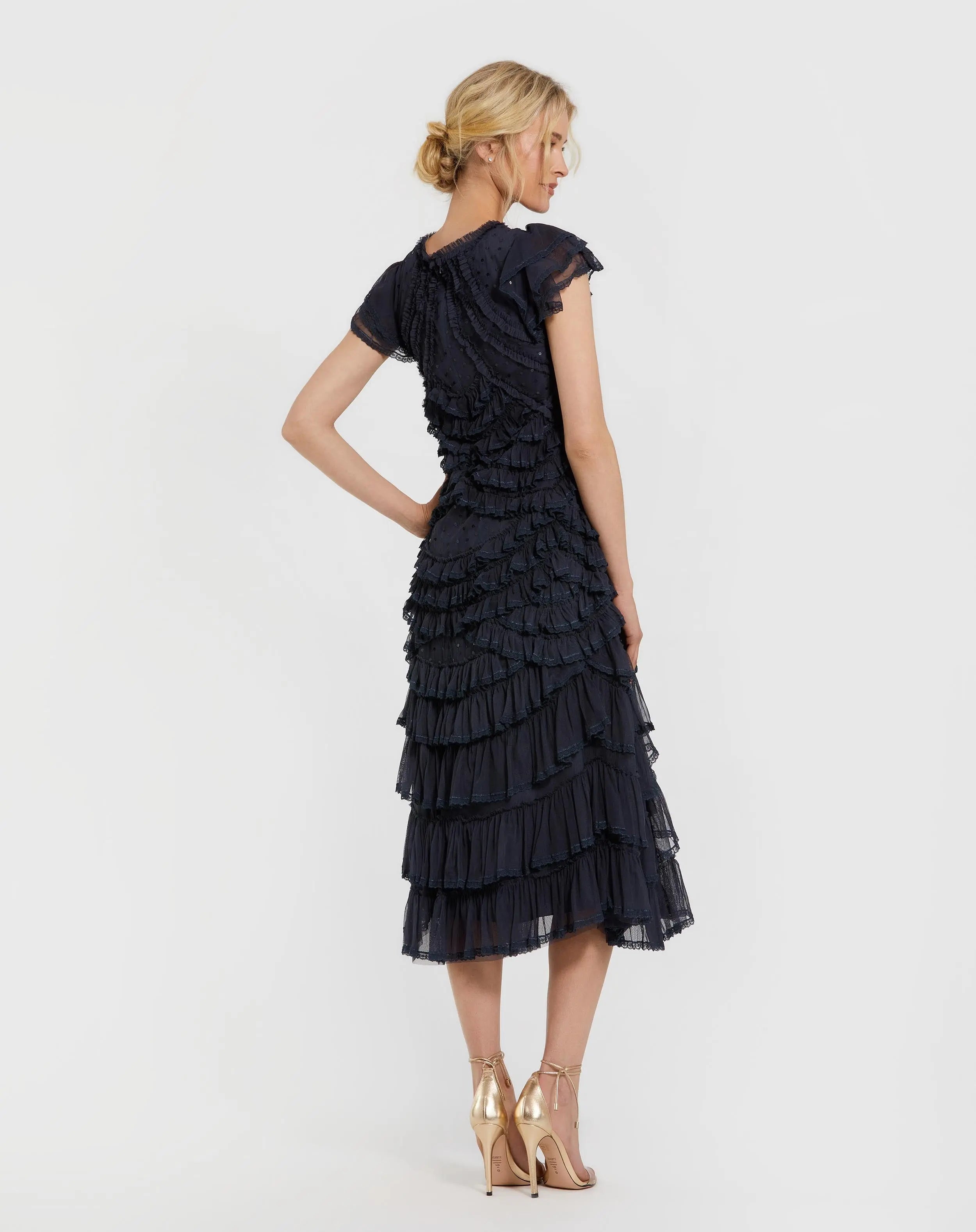 Navy High Neck Cap Sleeve Micro Ruffle Midi Dress