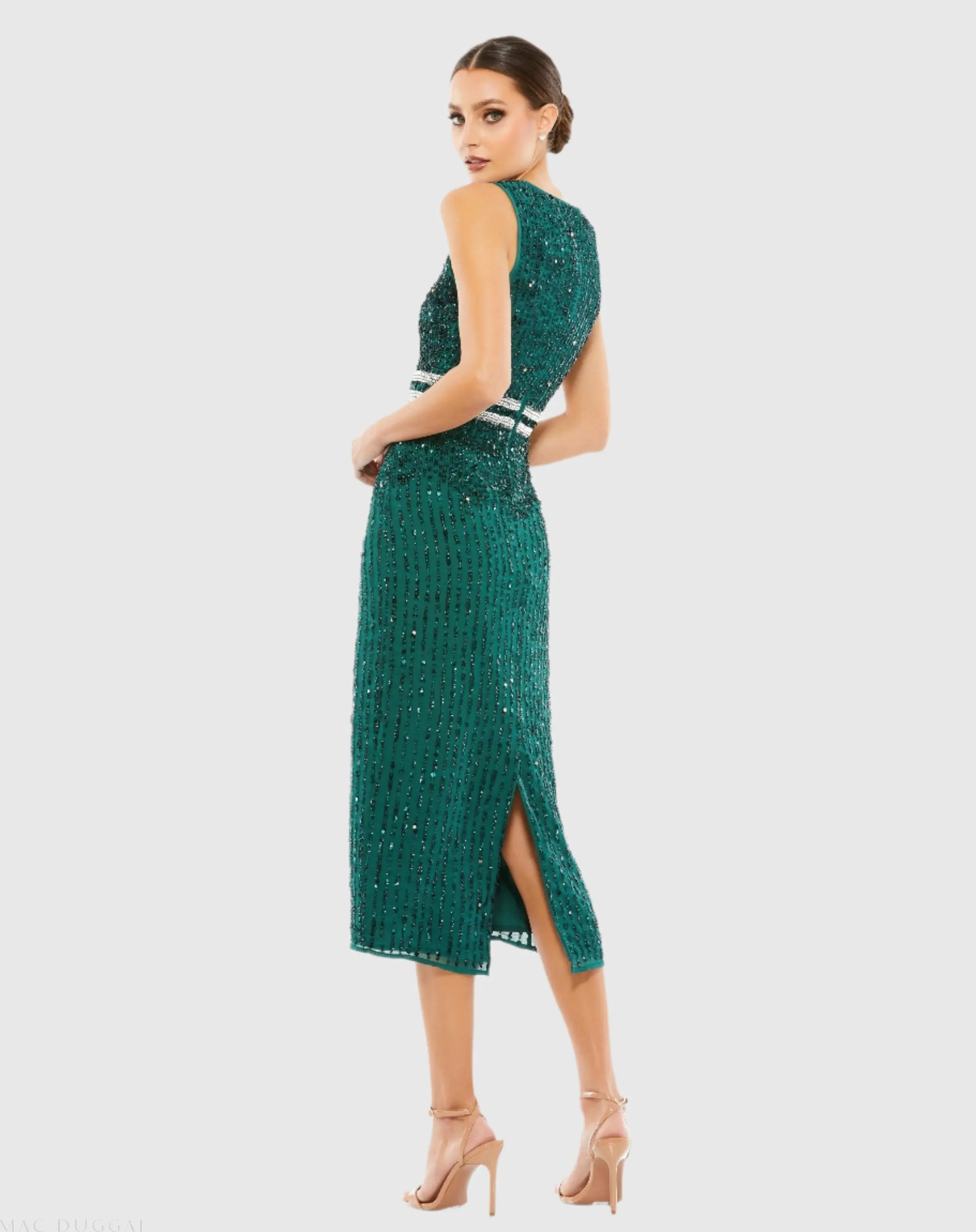 Green Sleeveless High Neck Beaded Midi Sheath Dress