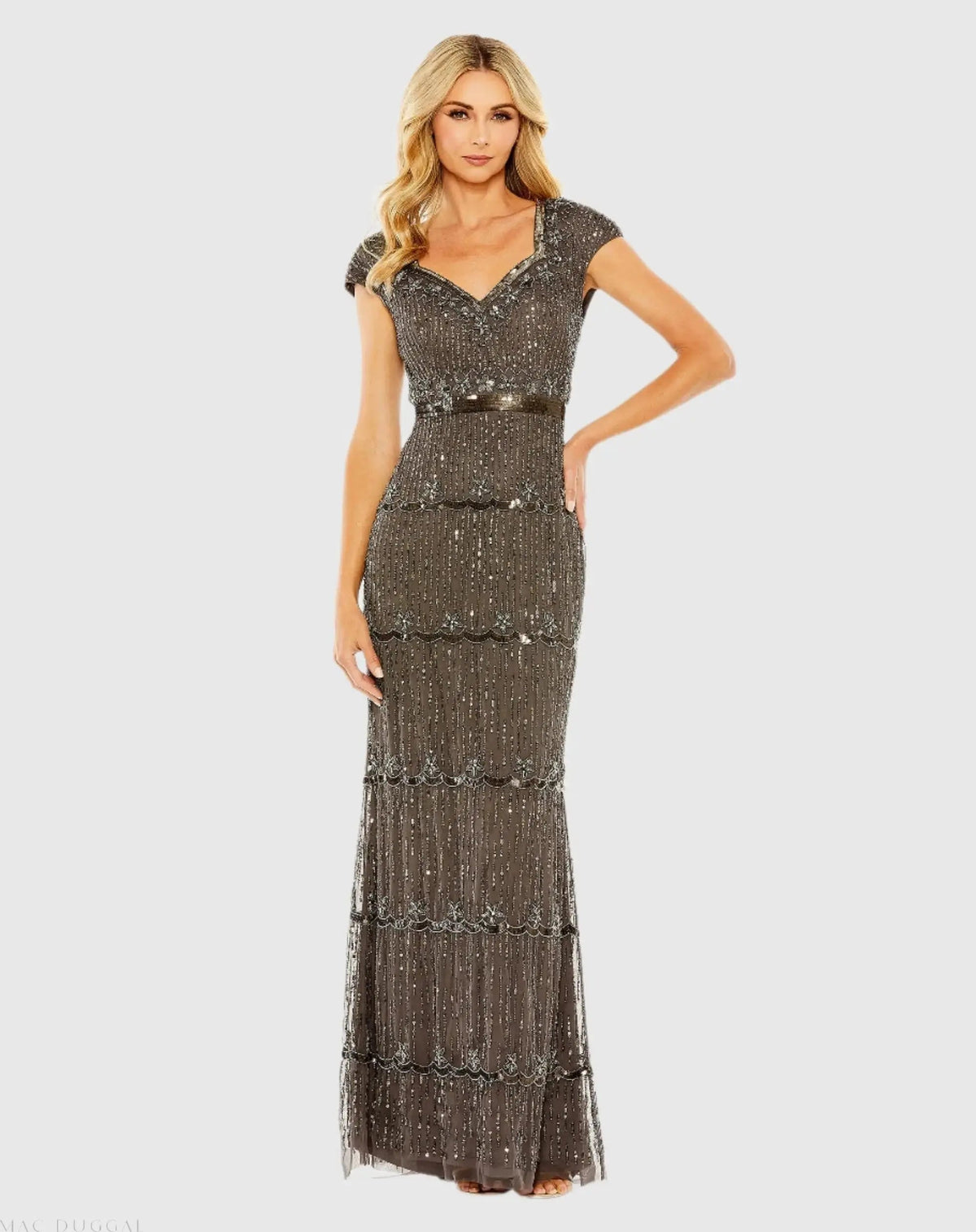 Brown Sequin Cap Sleeve Sweetheart Column Gown