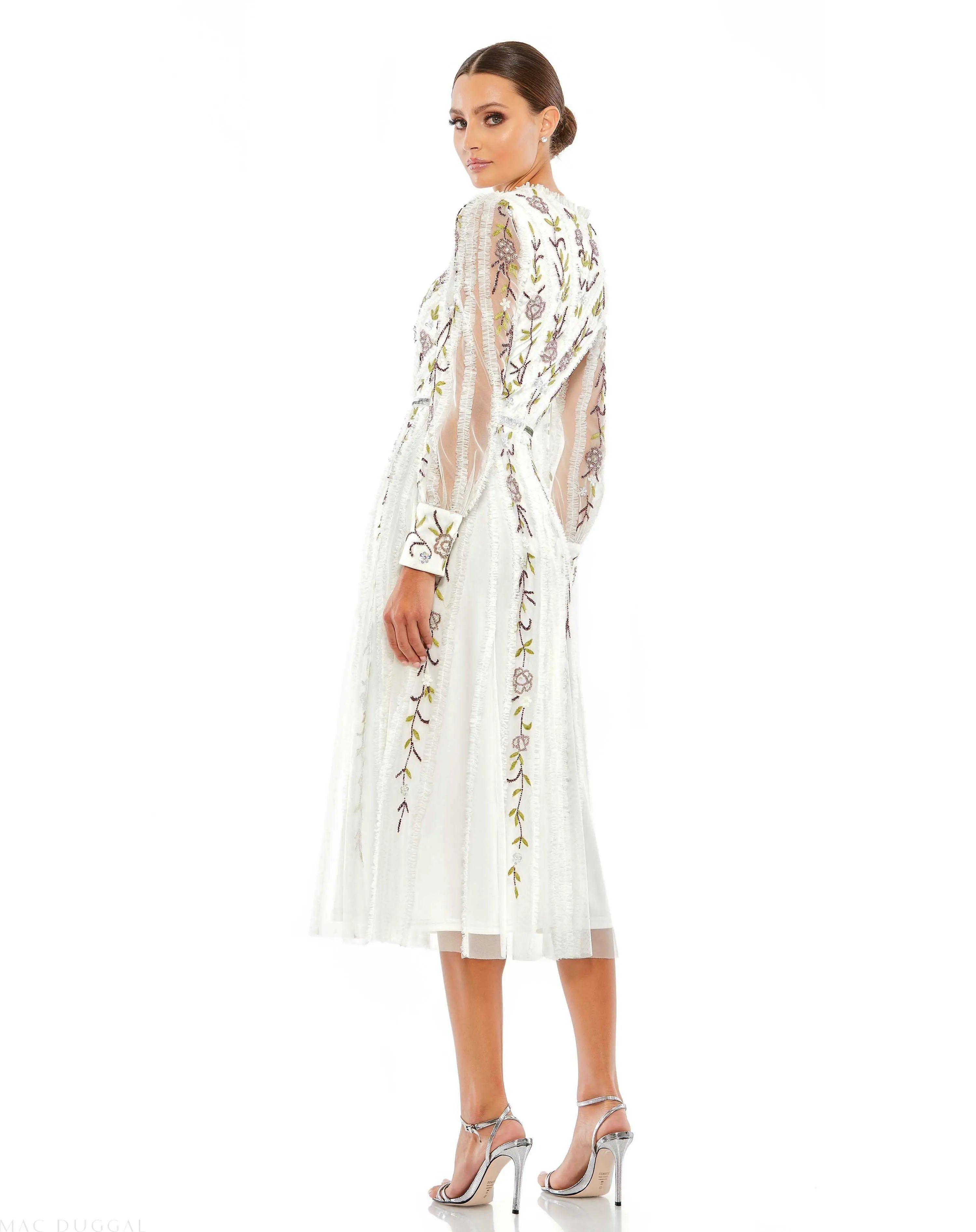 White Long Sleeve Embroidered Wrap Midi Dress