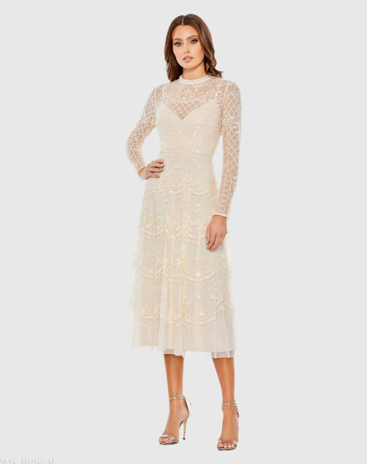 Nude Sequined Illusion High Neck Long Sleeve Midi Dress