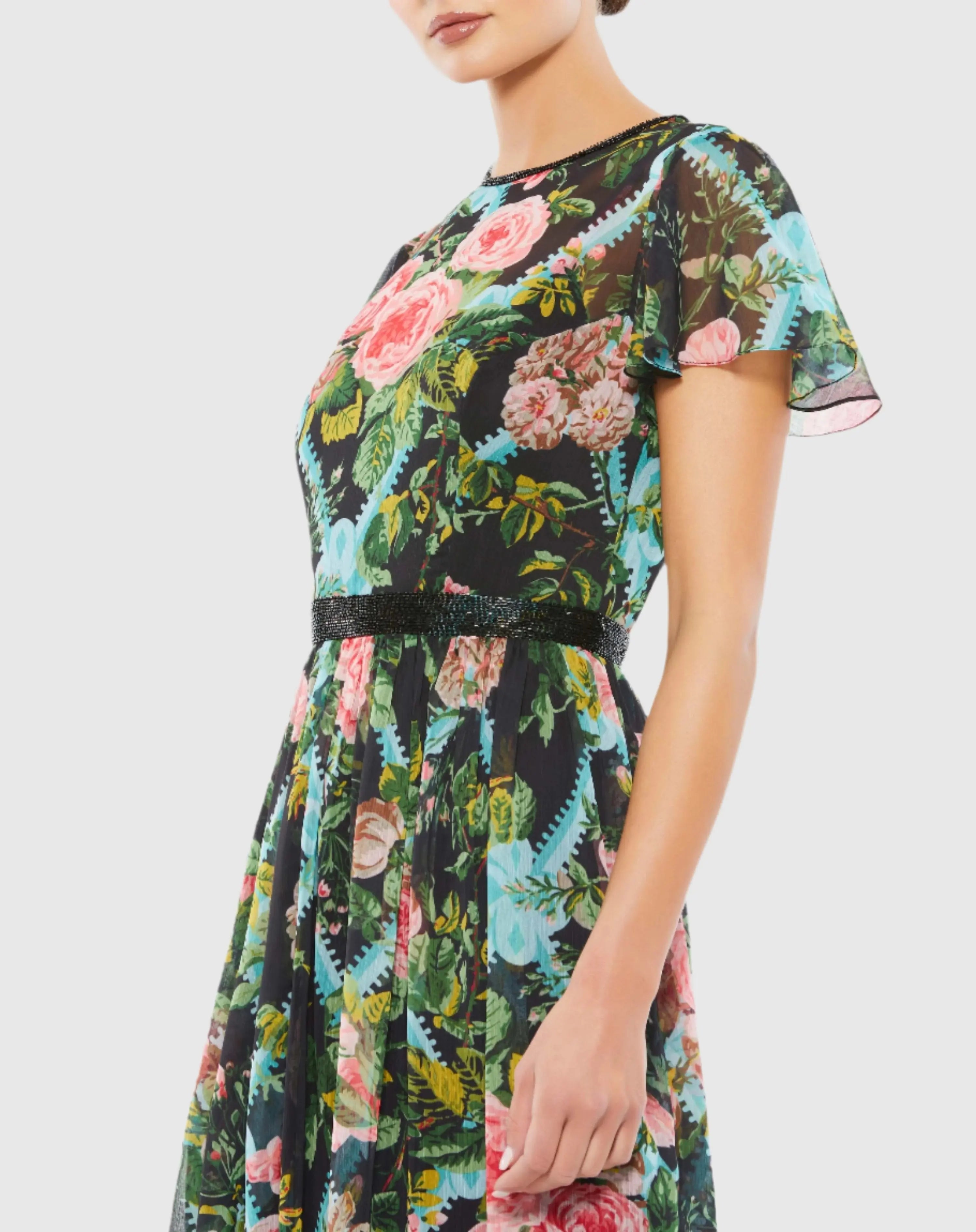 Multicolor Floral Illusion Cap Sleeve Midi Dress
