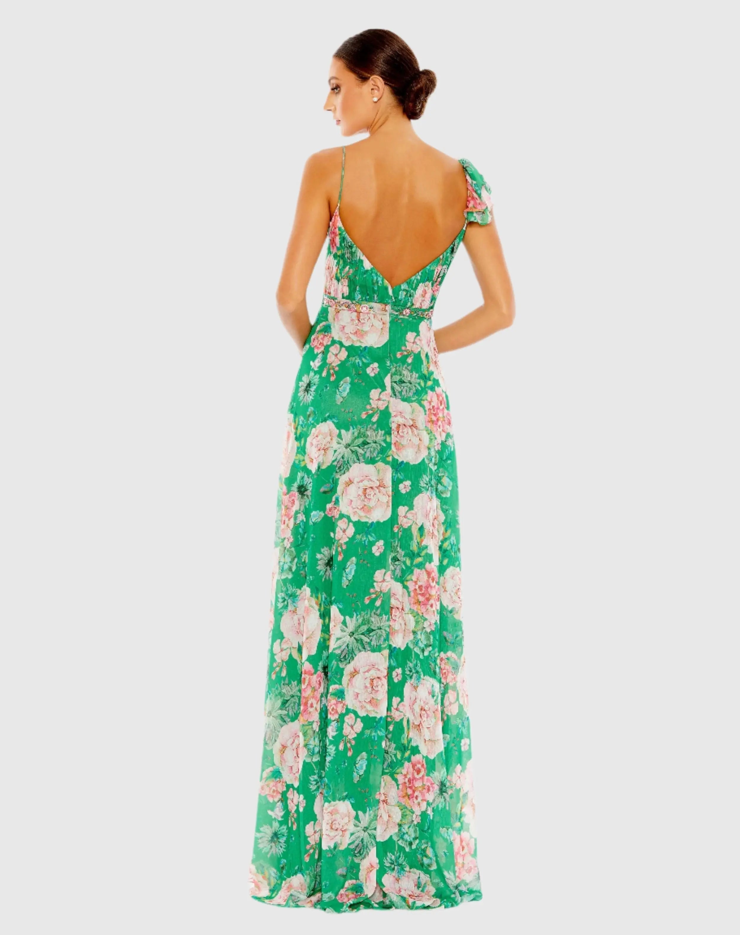 Green Floral Print Ruffled Wrap Over A Line Gown