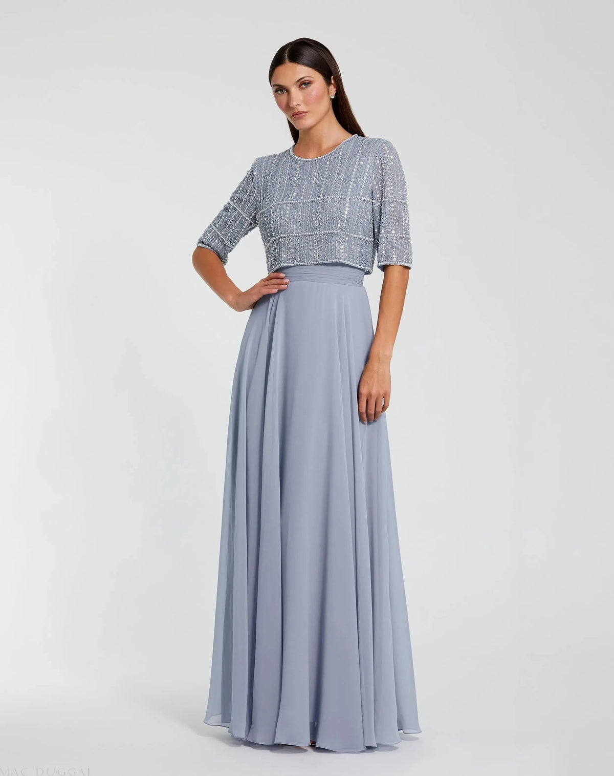 Blue Chiffon Gown w/ Fully Beaded 3/4 Sleeve Top
