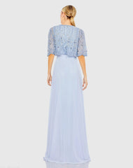 Blue Beaded Overlay A-Line Gown