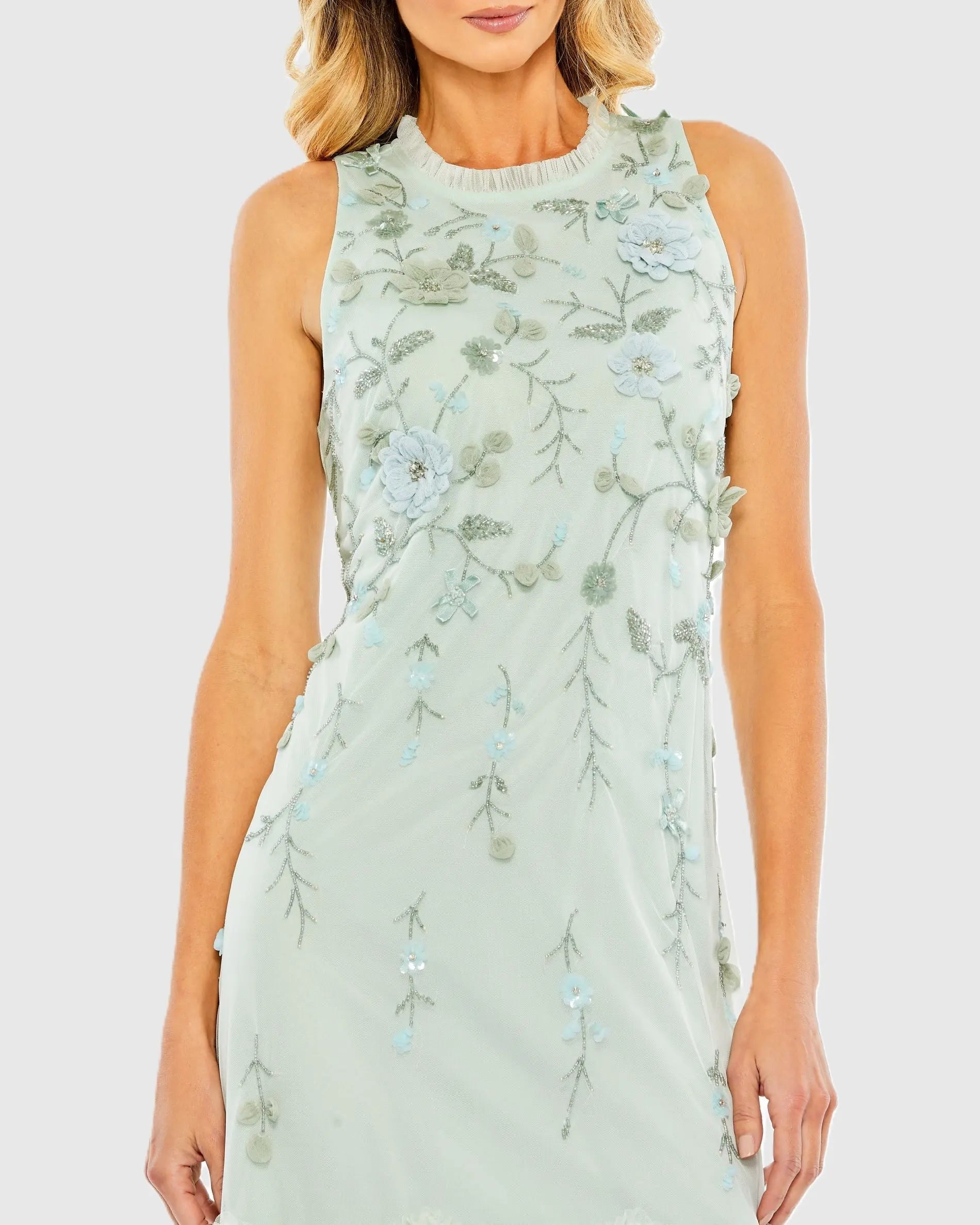 Green Embellished Ruffle Tiered High Neck Floral Dress