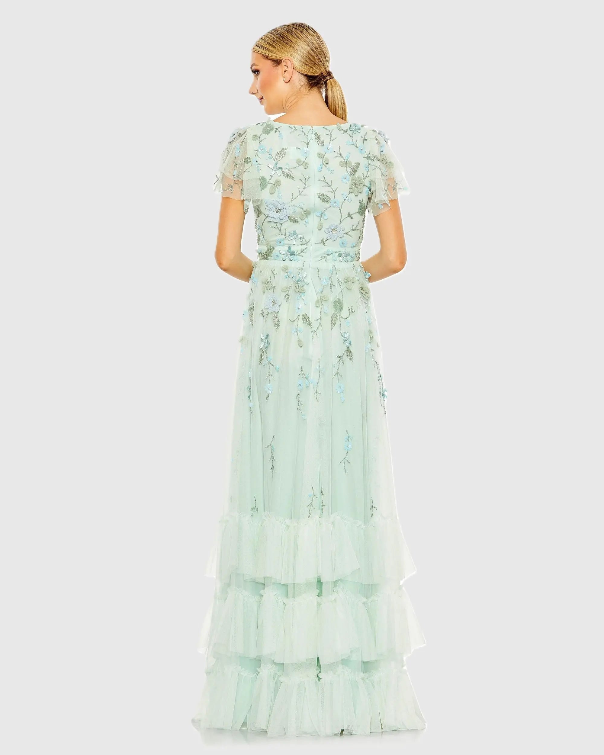 Green Ruffle Tiered Embellished Faux Wrap Flutter Sleeve Gown