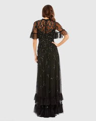 Black Ruffled Floral Embellished Flutter Sleeve A-Line Gown