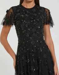 Black Embellished High Neck Flutter Sleeve A Line Dress