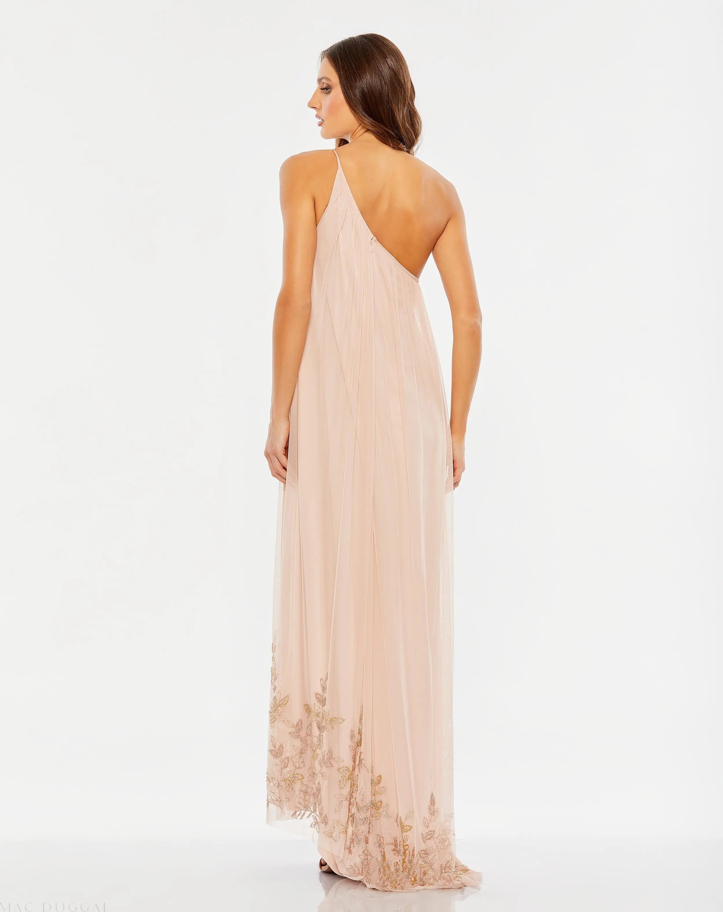 Pink Flowy One Shoulder Beaded Trapeze Gown