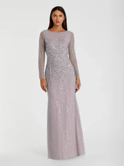 Purple High Neck Sequin Embellished Long Sleeve A Line Gown