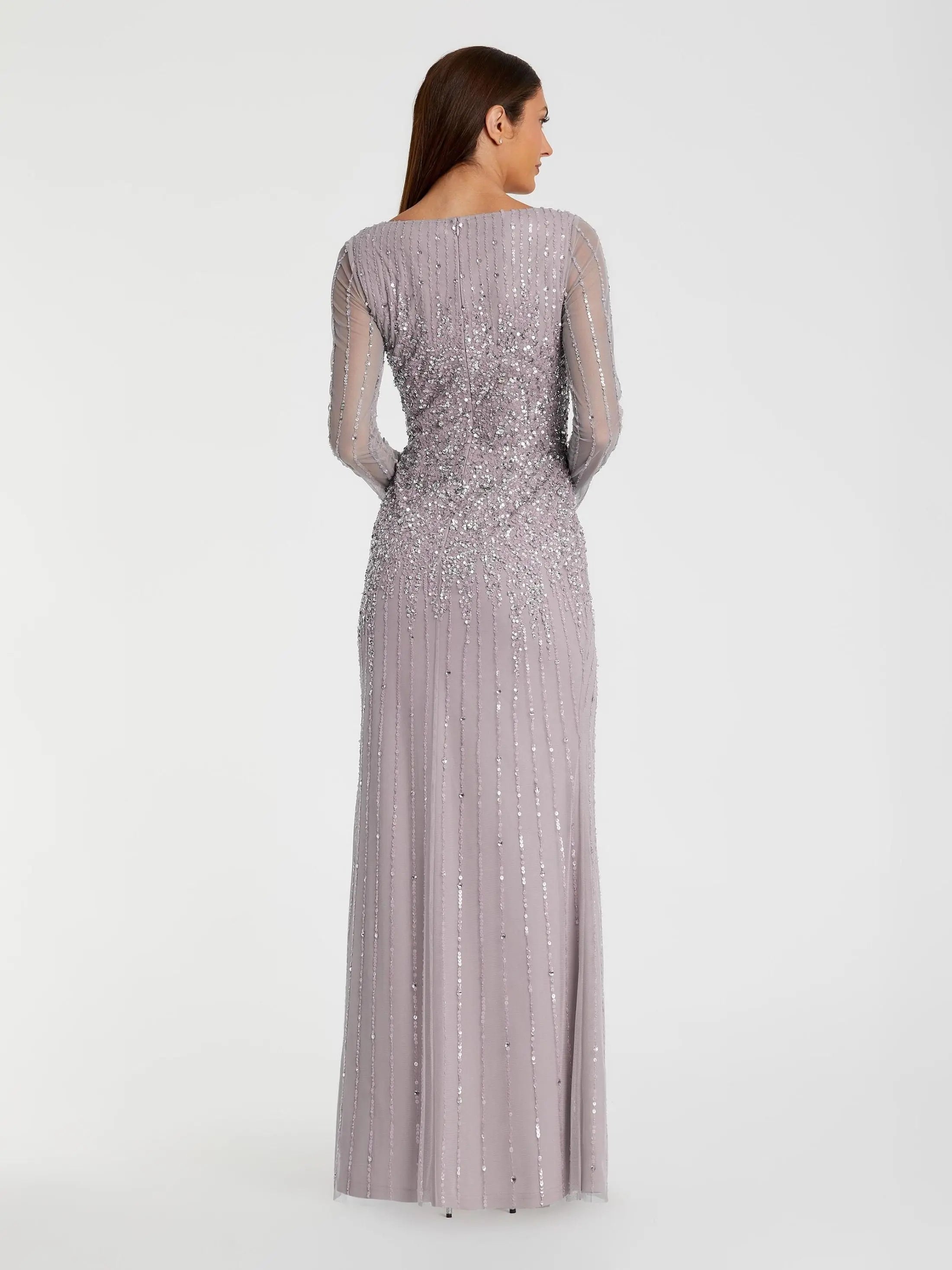 Purple High Neck Sequin Embellished Long Sleeve A Line Gown