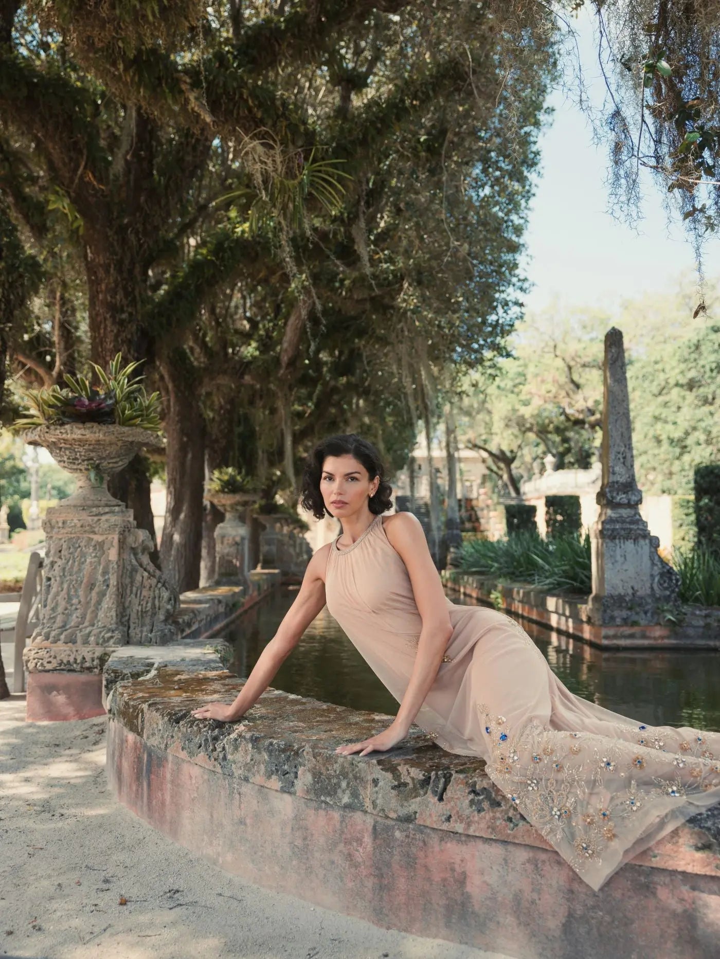 Beige High Neck Floral Embellished Trapeze Gown