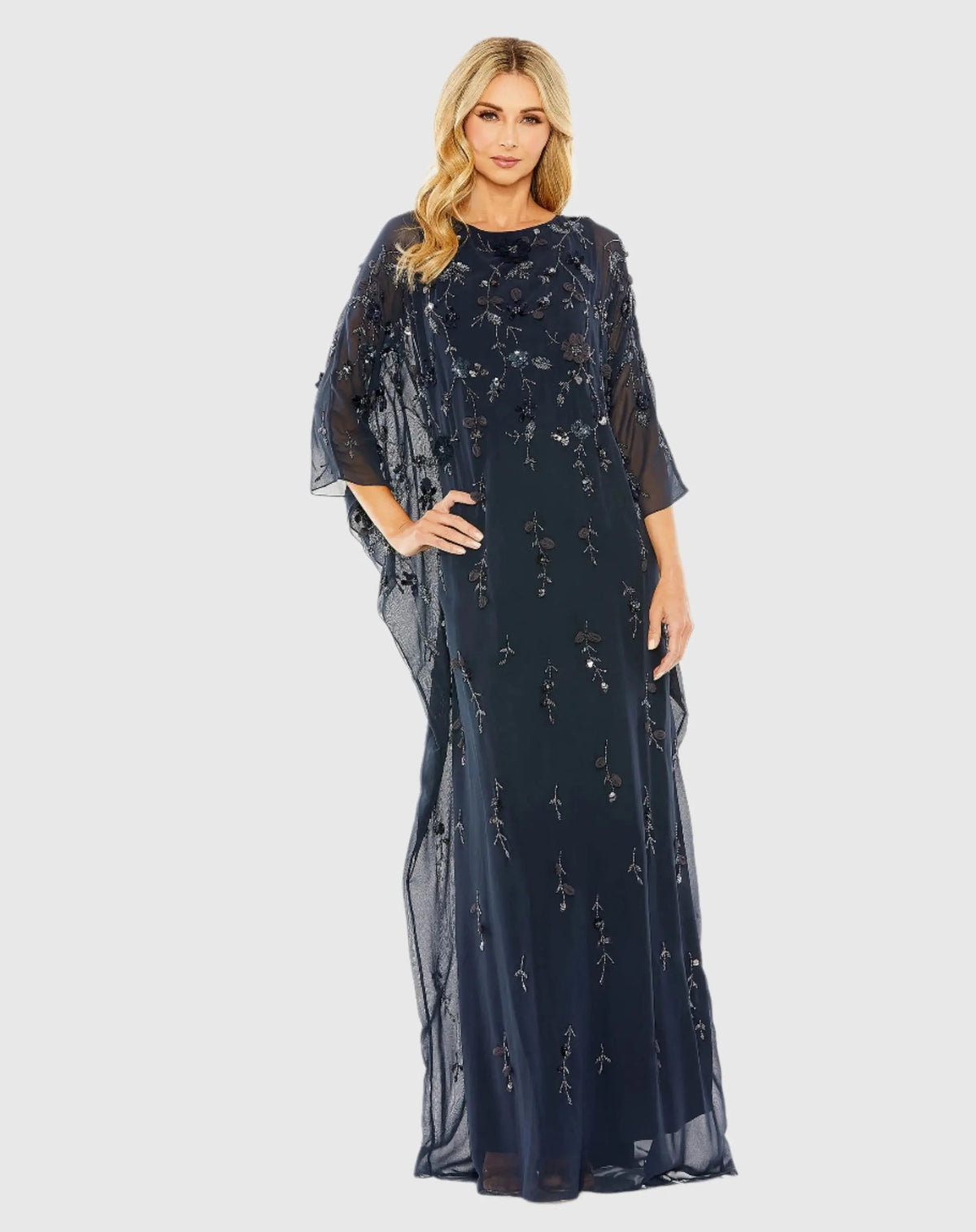 Navy Floral Embellished Kaftan Gown