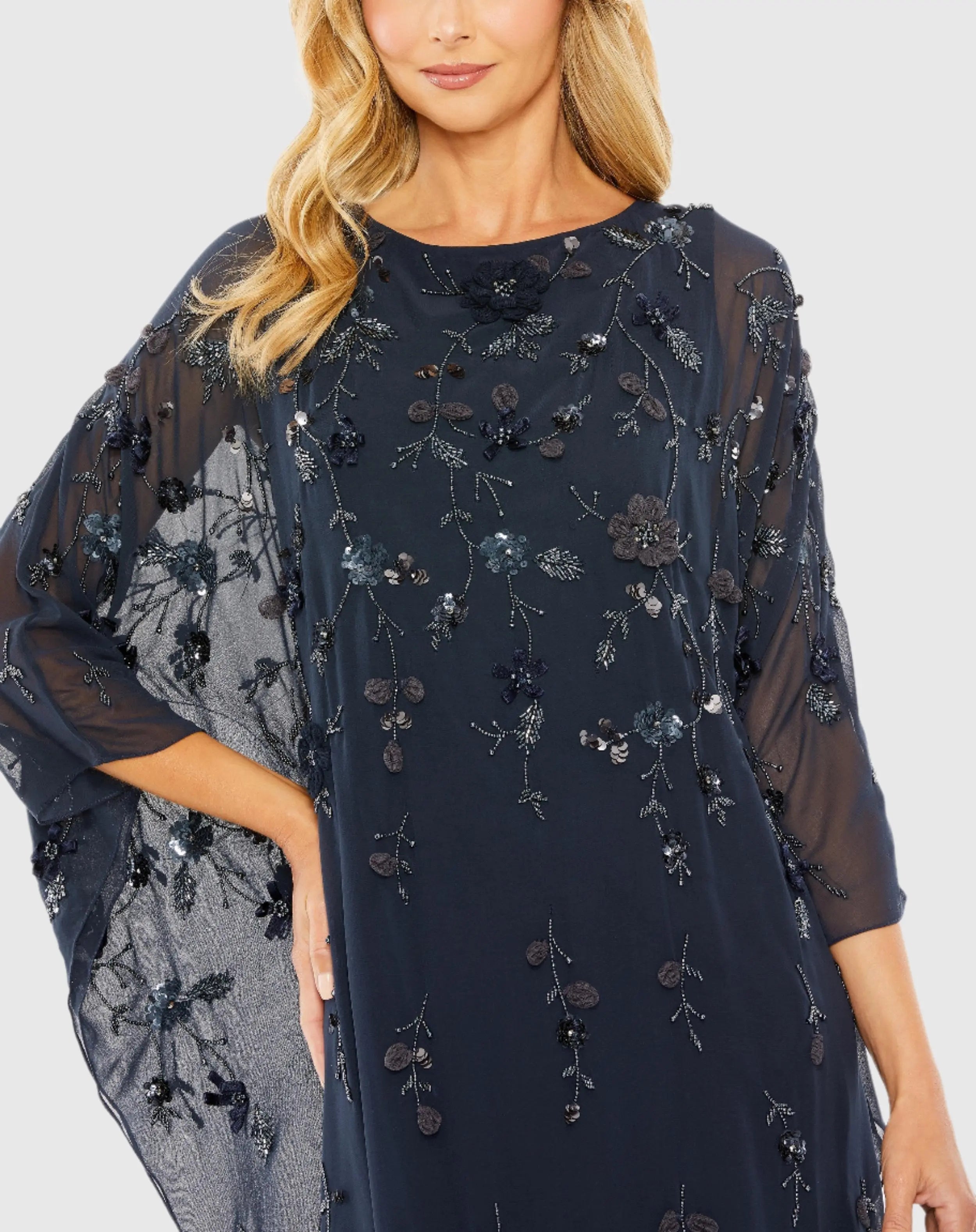 Navy Floral Embellished Kaftan Gown