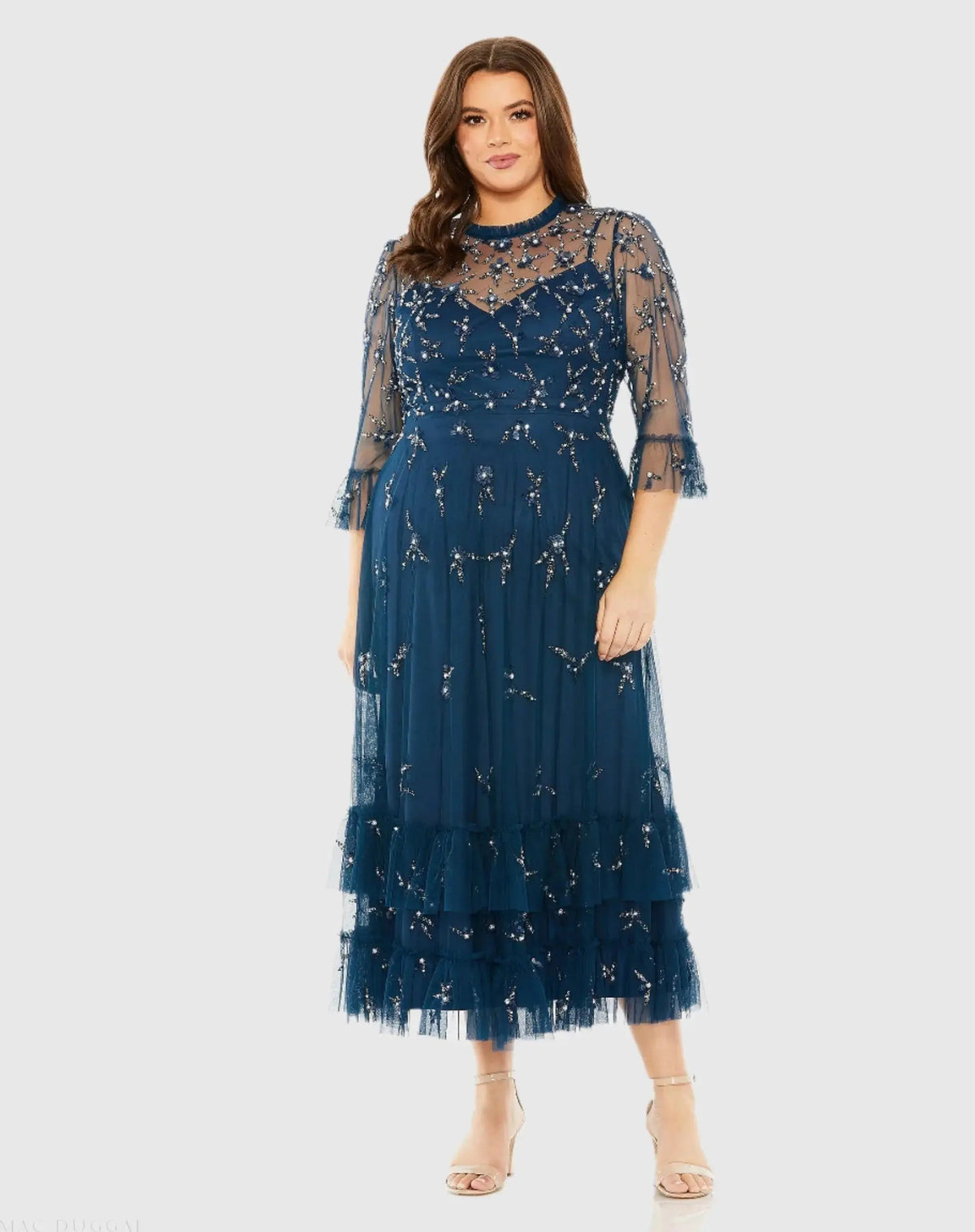 Navy High Neck Embellished Flutter Half Length Sleeve Dress