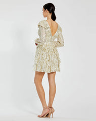 White and Gold Long Sleeve Ruched Ruffle Mini Dress