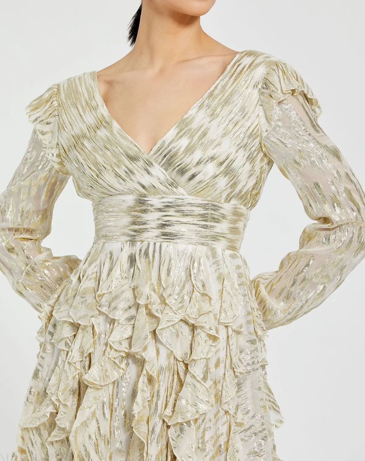 White and Gold Long Sleeve Ruched Ruffle Mini Dress