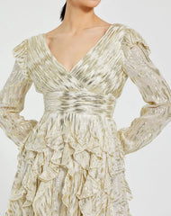White and Gold Long Sleeve Ruched Ruffle Mini Dress