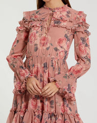 Pink Long Sleeve Lace Up Front Tiered Ruffle Dress