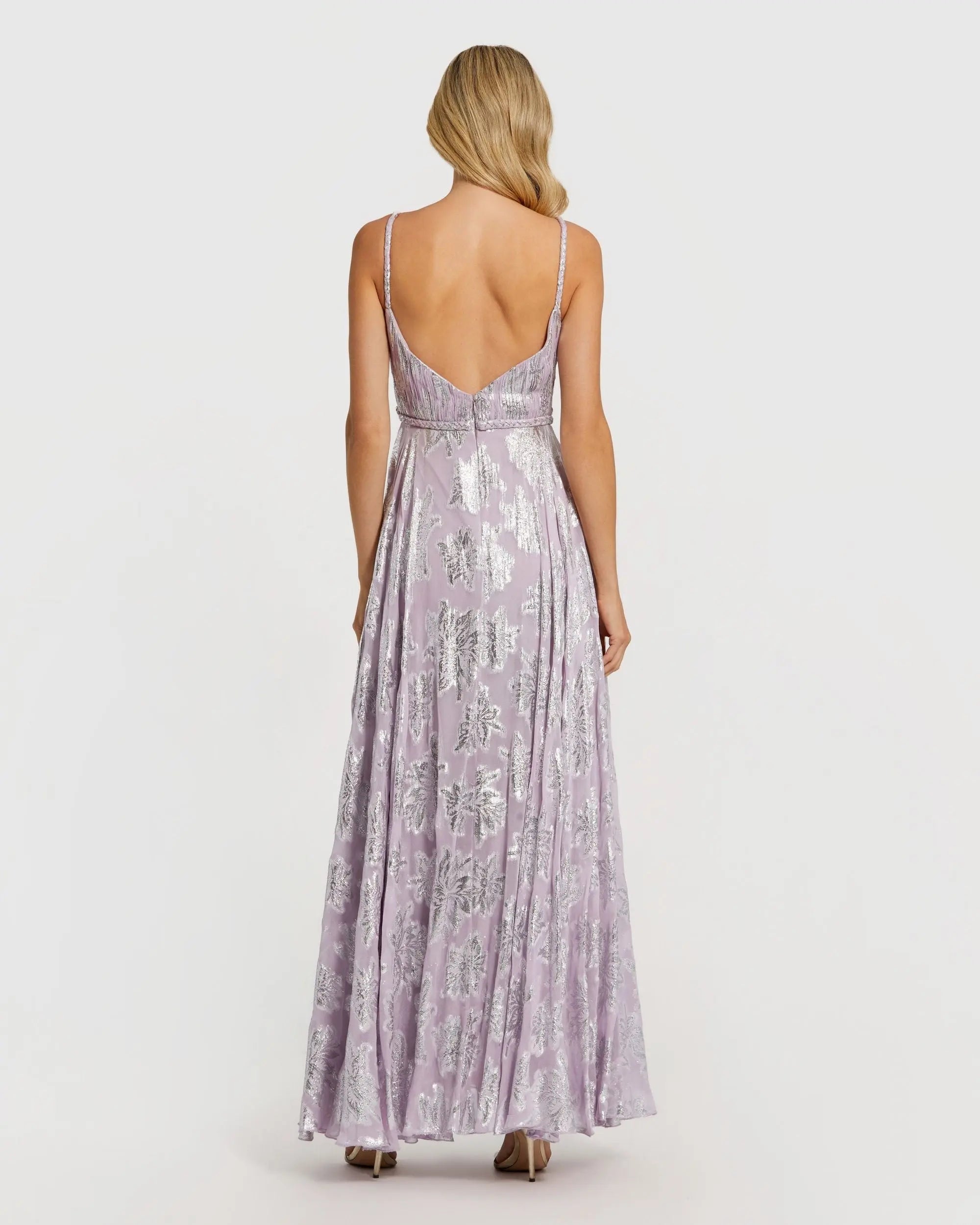 Purple Braided Strap A-Line Floral Gown