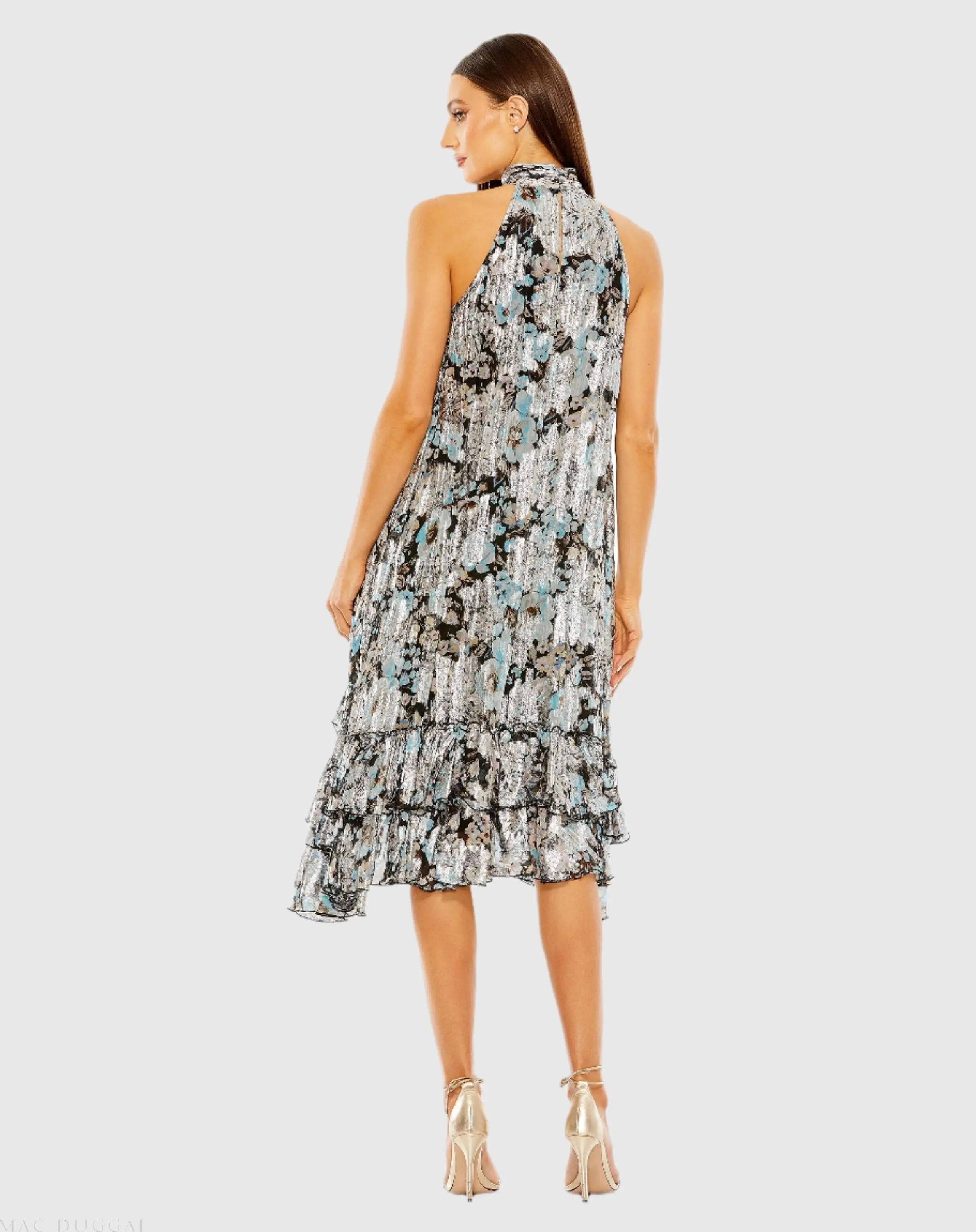 Black Floral High Neck Keyhole Ruffle Mini Dress