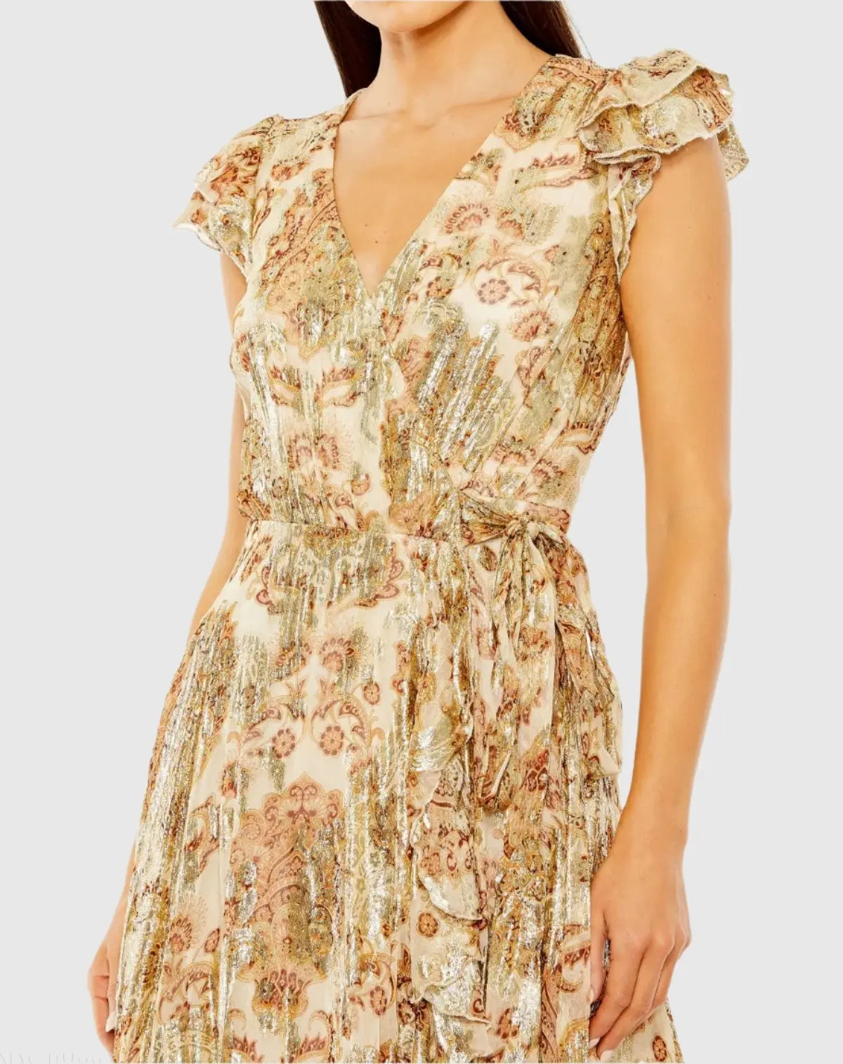 Beige Flutter Sleeve Floral Dress with Wrap Detail