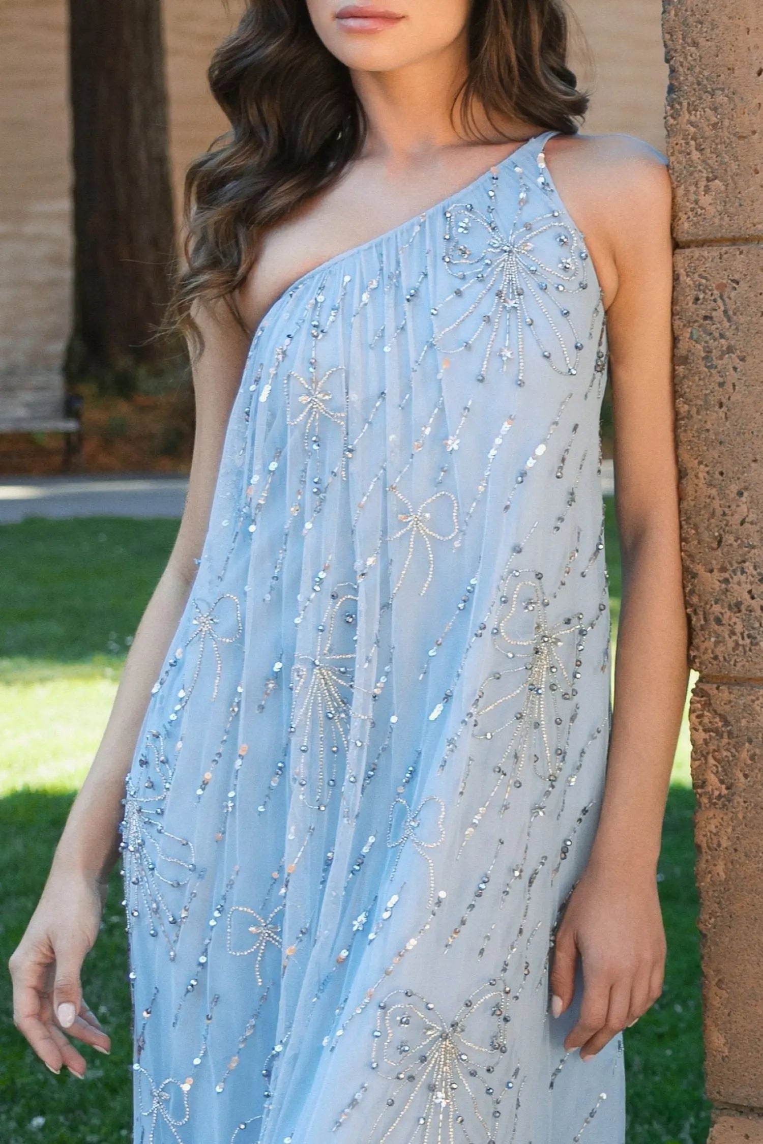 Blue One Shoulder Bow Embellished High Low Gown