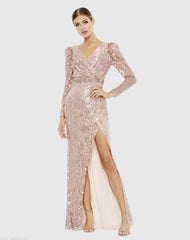 Pink Sequin Puff Sleeve Surplice Gown - FINAL SALE