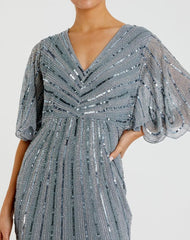 Blue Sequined V Neck Cape Sleeve Gown - FINAL SALE