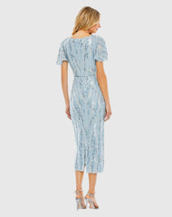 Blue Sequined V Neck Flutter Sleeve Tea Length Dress