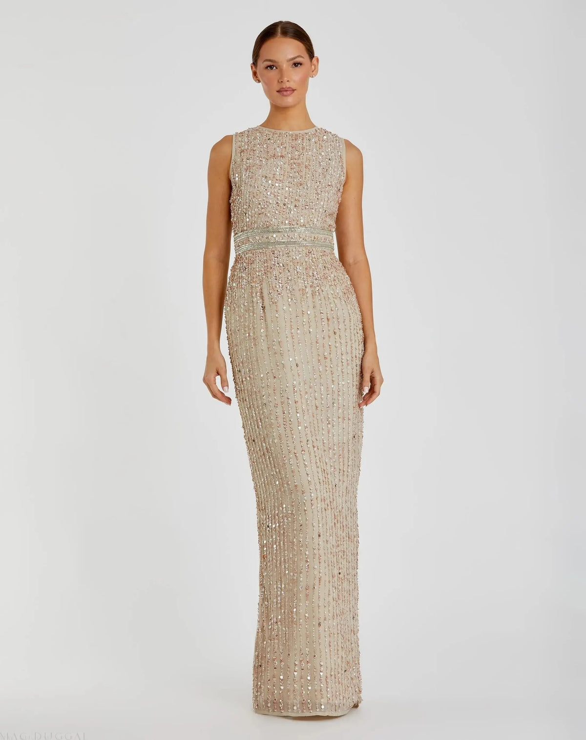 Beige Sequined High Neck Sleeveless Column Gown