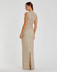 Beige Sequined High Neck Sleeveless Column Gown