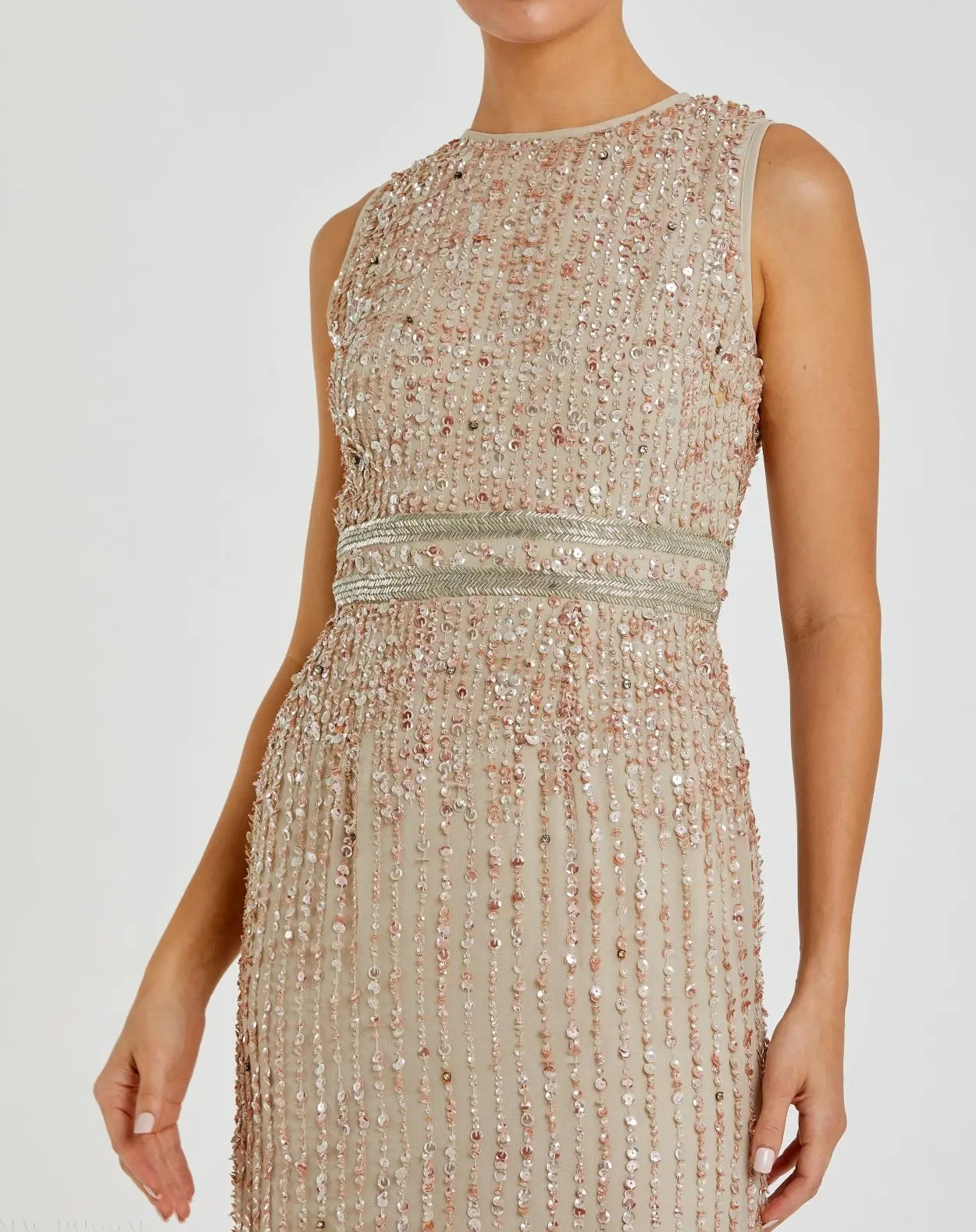 Beige Sequined High Neck Sleeveless Column Gown