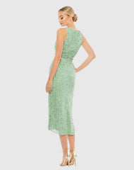 Green Sequined Sleeveless V-Neck Midi Sheath Dress