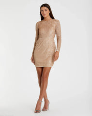 Beige Long Sleeve Sequin Mini Dress - FINAL SALE