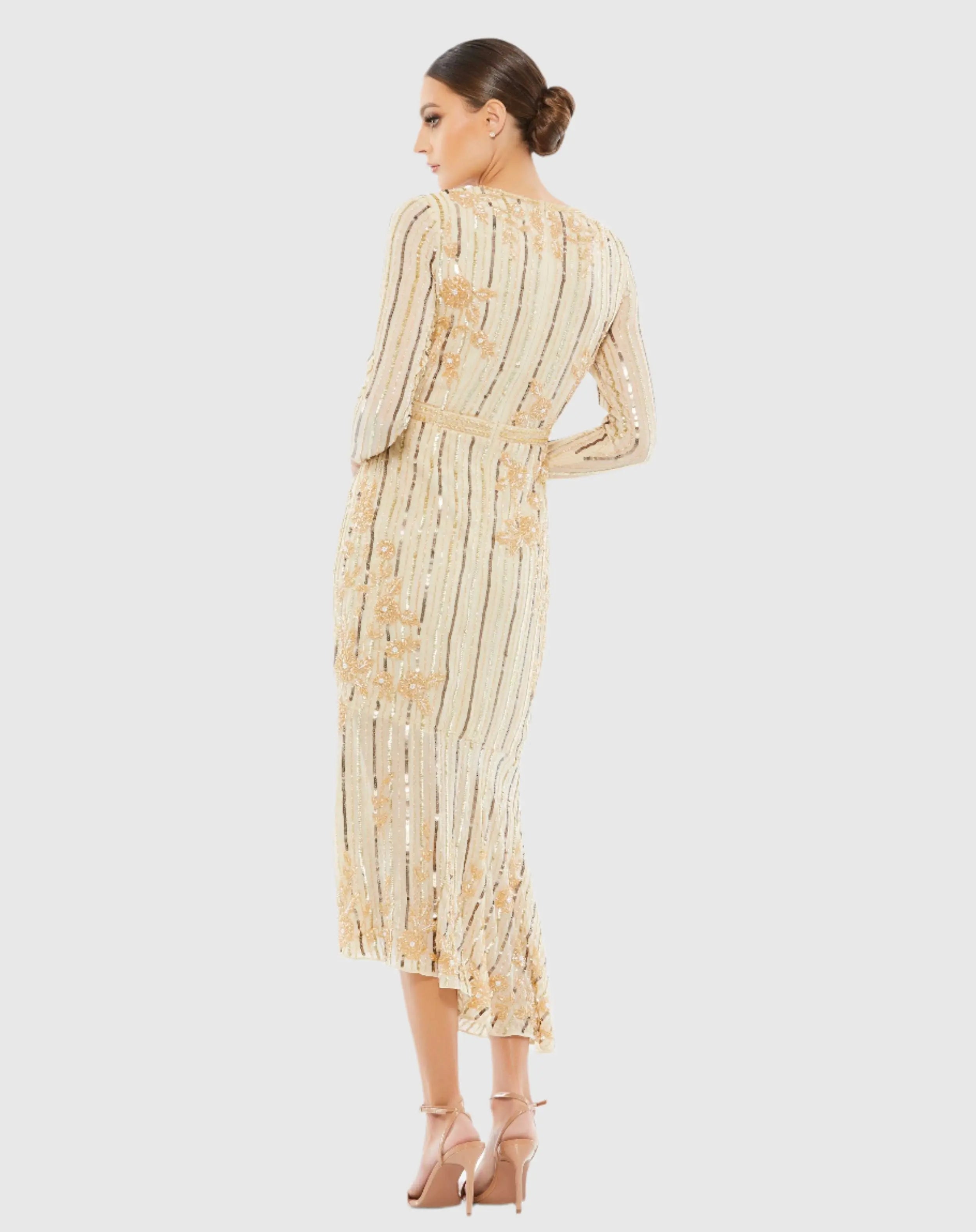 Gold Long Sleeve Embellished Tea Length Dress