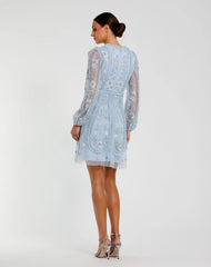 Blue Floral Mesh Long Sleeve Micro Ruffle Mini Dress