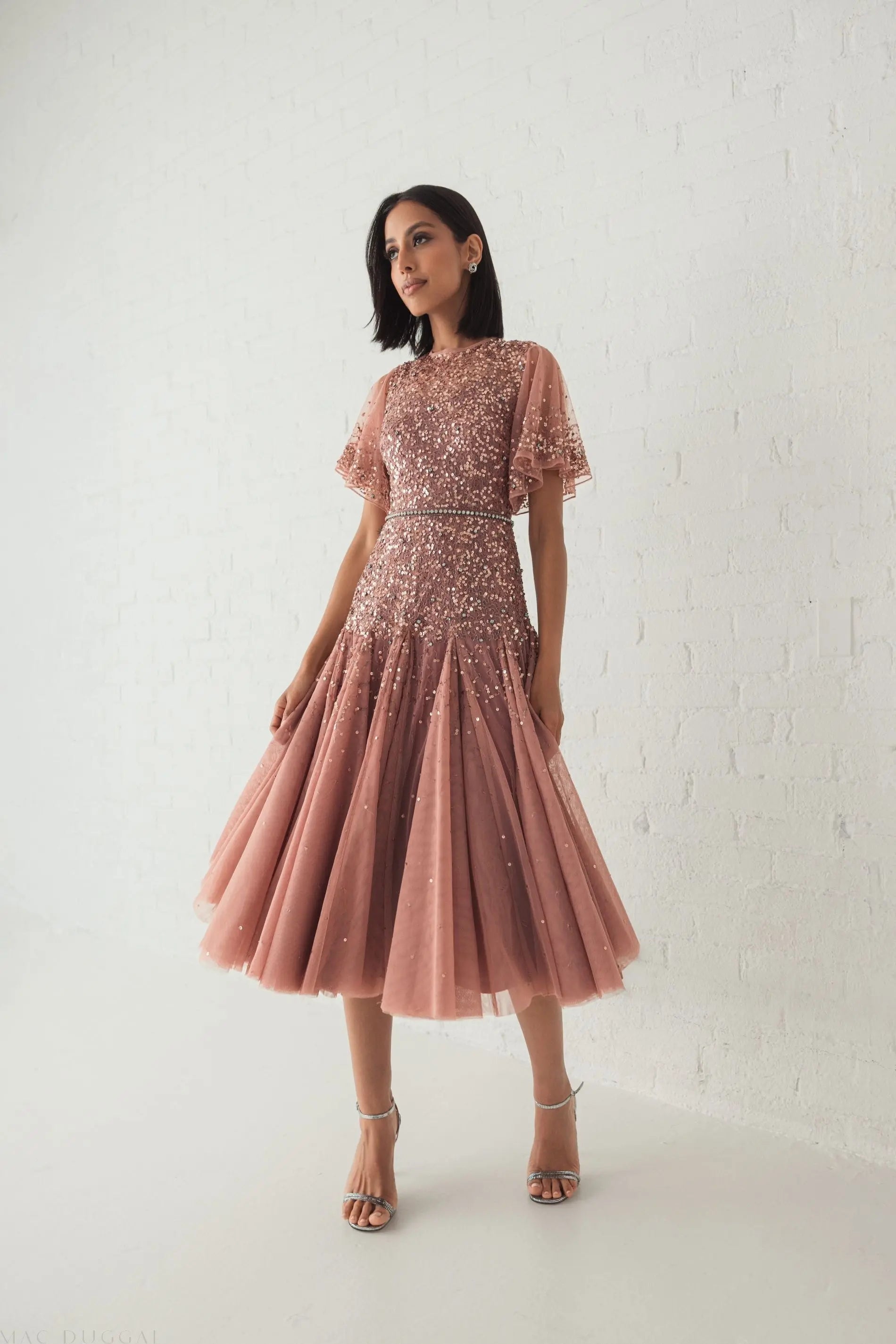 Pink Cape Sleeve Beaded Tea Length Drop Waist Dress