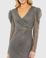 Gray Beaded Wrap Over Puff Sleeve Dress