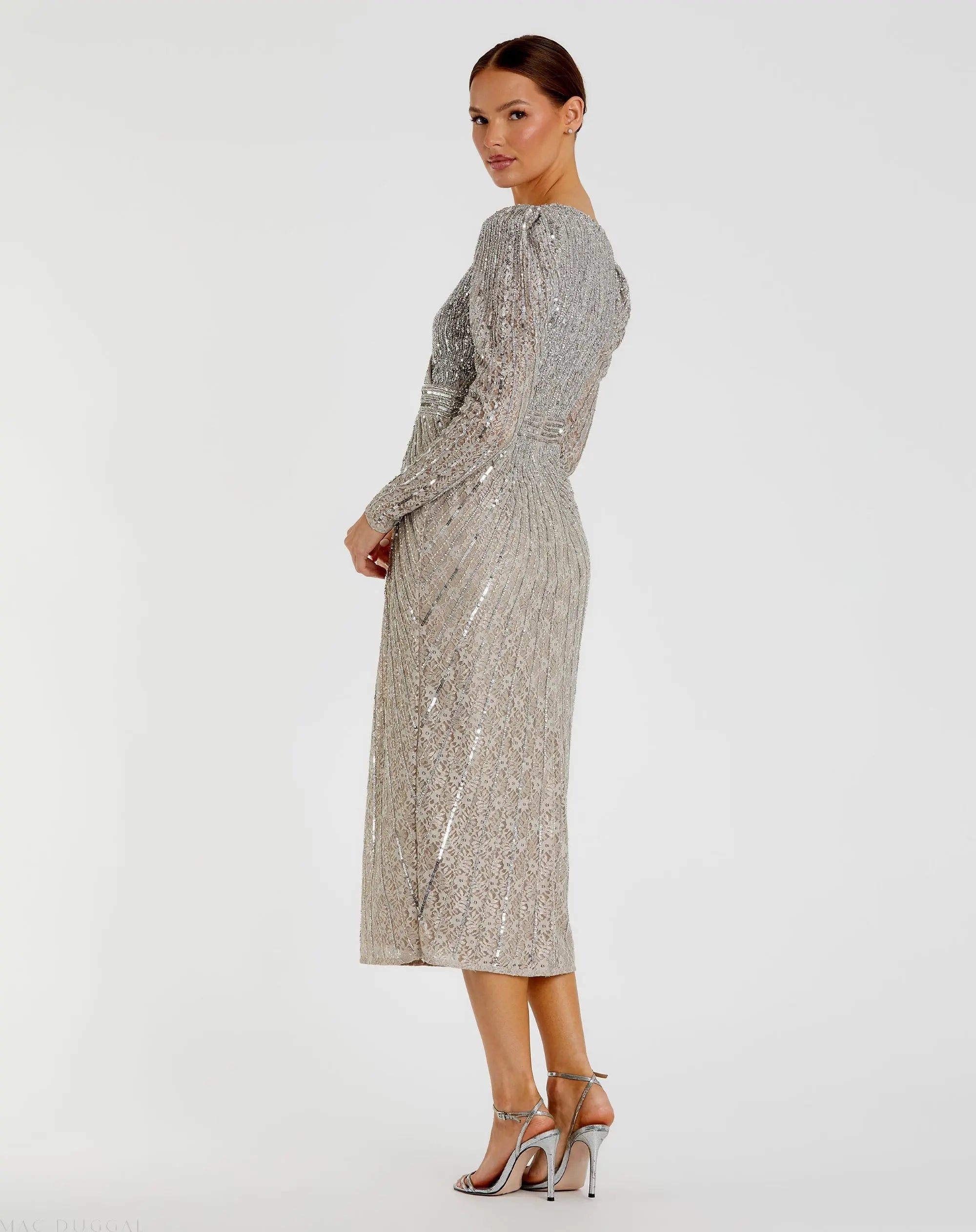 Gray Beaded Lace Long Sleeve Midi Dress