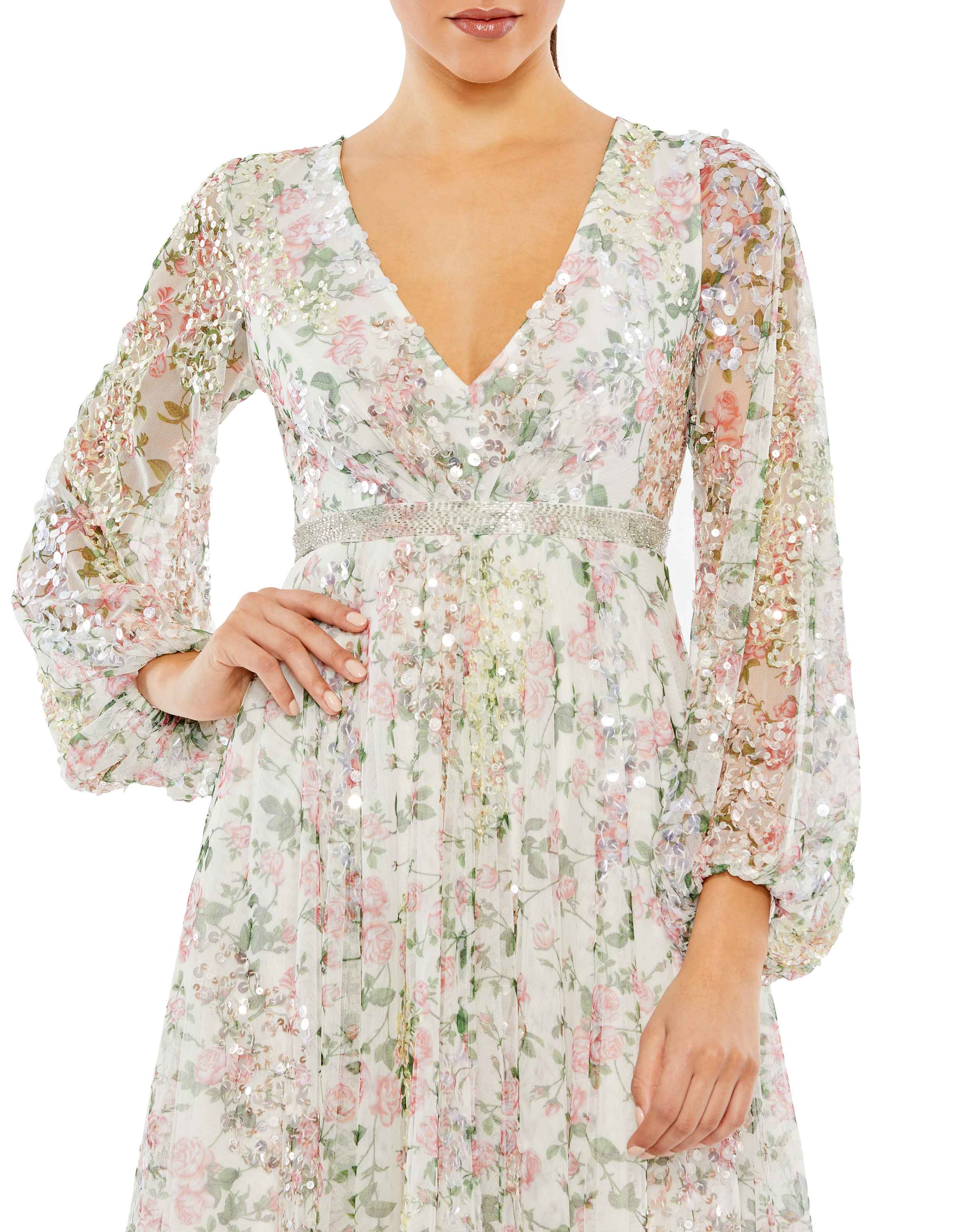White Embellished Floral Print Faux Wrap A Line Dress