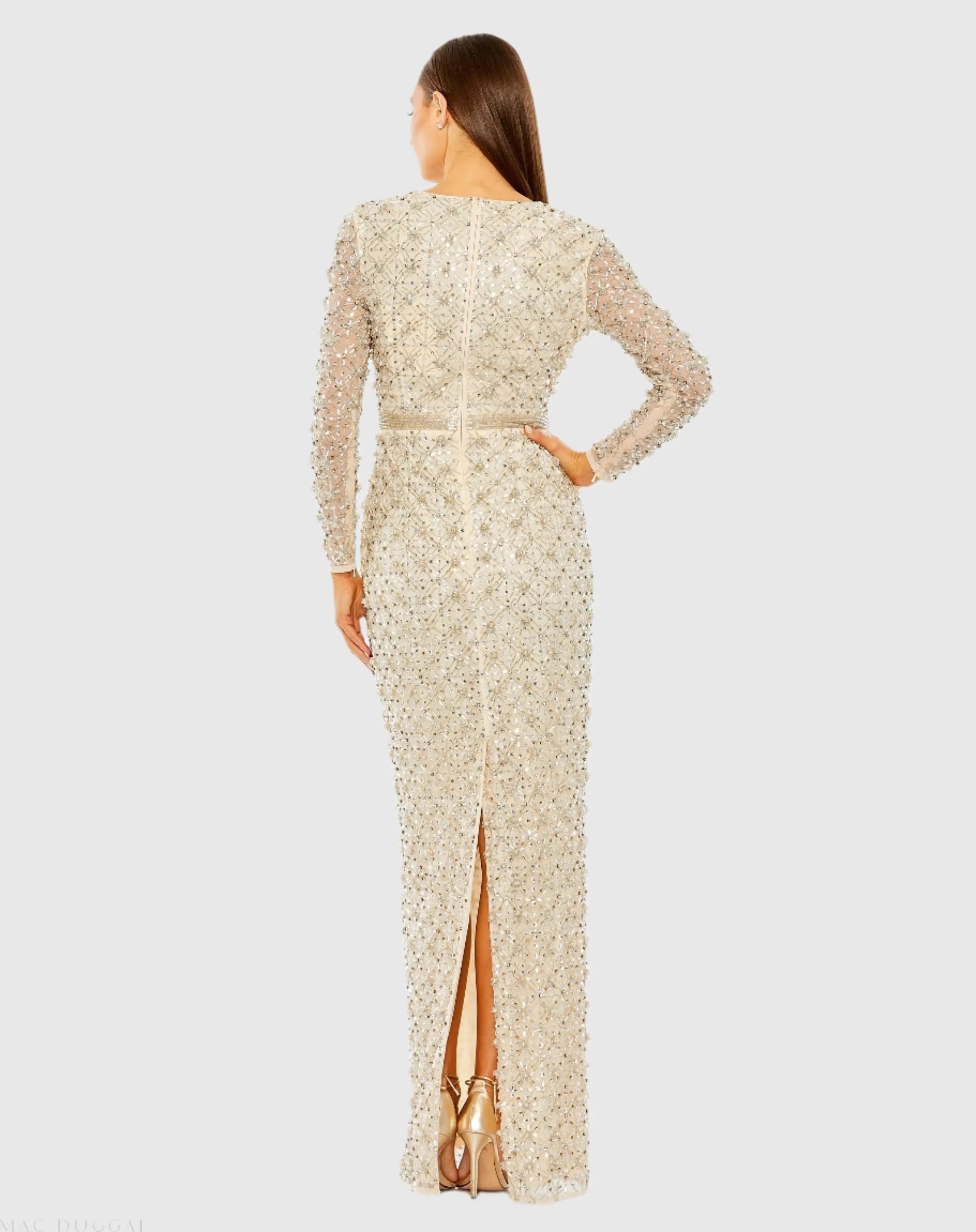 Gold Long Sleeve High Neck Beaded Gown