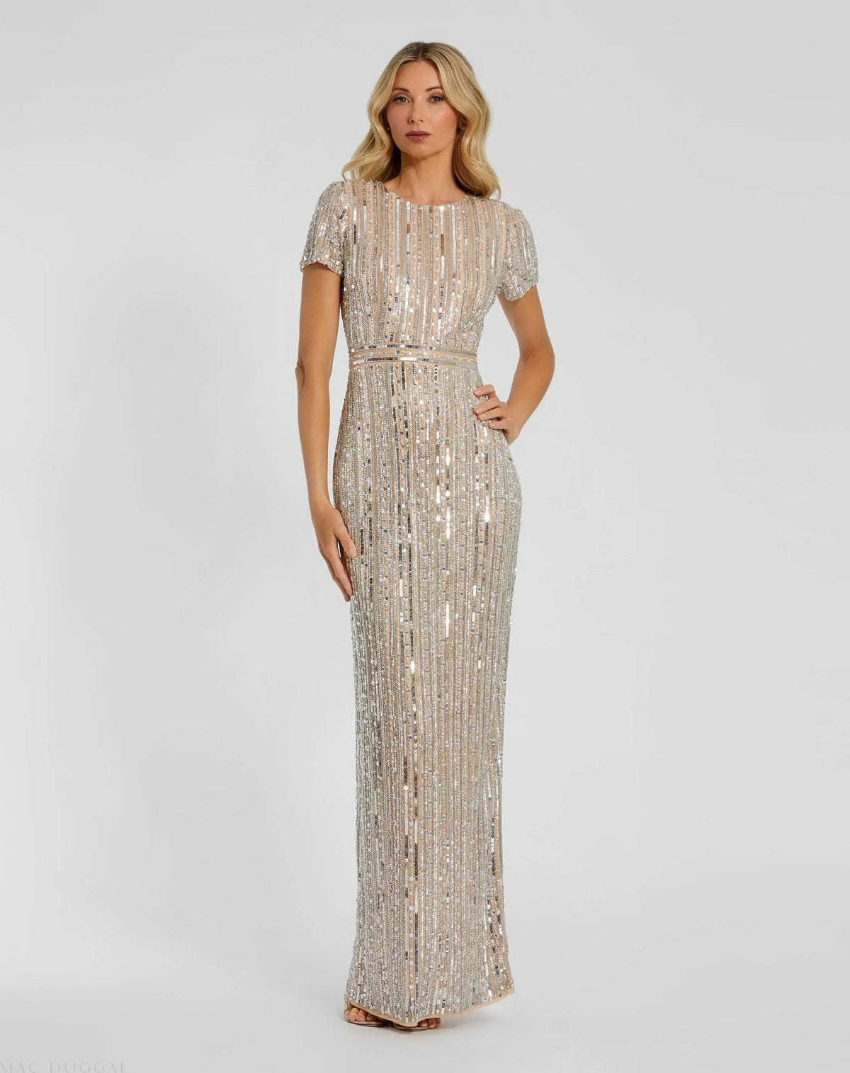 Beige and Silver High Neck Short Sleeve Embellished Gown