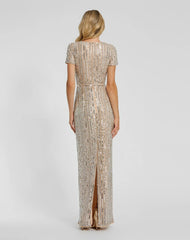 Beige and Silver High Neck Short Sleeve Embellished Gown