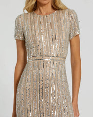 Beige and Silver High Neck Short Sleeve Embellished Gown