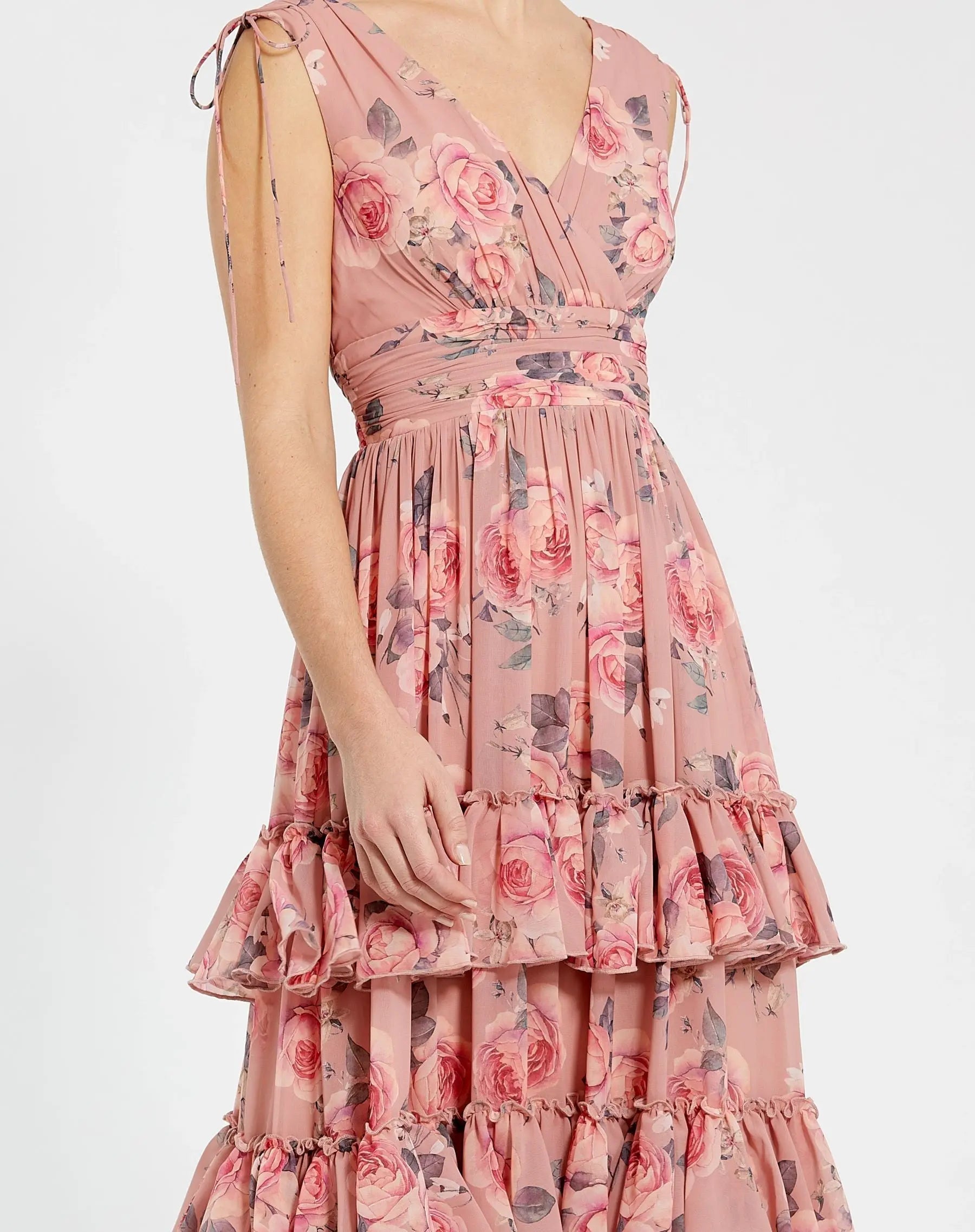Pink Drawstring Shoulder Chiffon Tiered Floral Dress