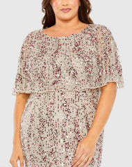 Beige High Neck Column Gown with Cape (Plus)