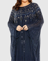 Navy Embellished Long Sleeve Trapeze Gown